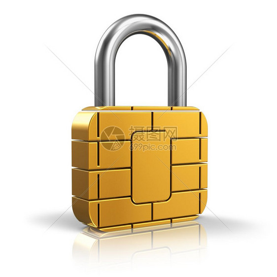 SIM卡或信用安全概念片微芯的金锁在白色背景上隔离产生反射效果图片