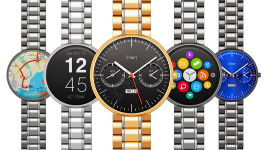 具有创意的抽象商业流动和现代移式可穿戴装置技术概念收集不锈钢奢华数字智能手表或时钟与白色背景孤立的应用图标按钮和金属手镯配彩色屏图片