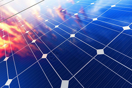 具有创意的抽象太阳能发电技术替代能源和环境保护生态商业概念3D为太阳电池板模块群以太阳光照蓝天对抗景色日落的太阳电池板模块群图片