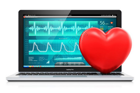 创意抽象保健医药和心脏病学工具概念3D将笔记本电脑或的插图在屏幕和红心形上用医疗诊断测试软件孤立在白色背景上产生反射效果图片