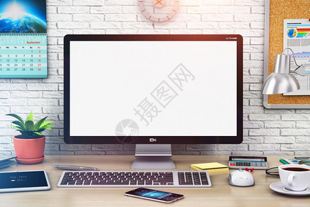 创意抽象的3D表示对现代办公室业务或家庭工作空间设计内部的平板视图台式电脑PC在木制桌上用空白显示屏并用其他物体智能手机平板电脑背景图片