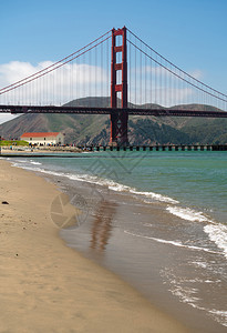 金门大桥在CA旧金山海岸普里西迪奥的沙子中反射着金门大桥图片