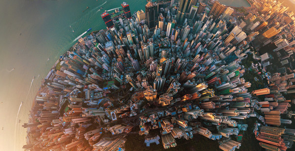 小行星香港市中心空景象亚洲智能城市的金融区和商业中心顶层景象摩天大楼和高的全景图片