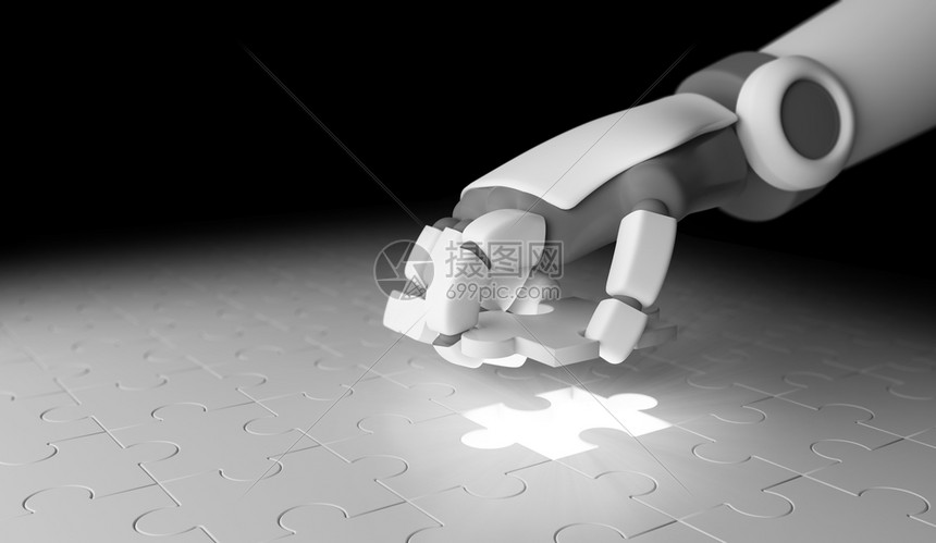 机器人手将最后一块拼图放在未来数字技术概念中完成商业和人工智能的作图片