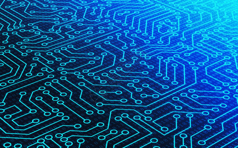 蓝色电路板图案纹理和二进制数字据代码计算机技术概念的高科背景图片