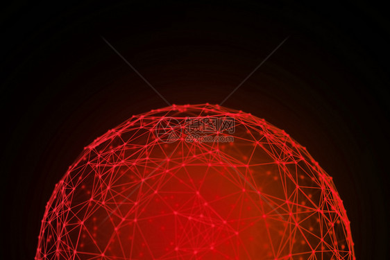 红球形状带有数字据和网络连接三角线用于黑色背景技术概念3d抽象插图图片