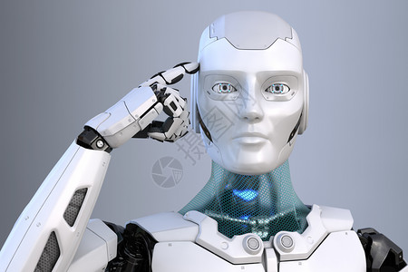 机器人在头部附近握着一只手指3D插图思考机器人图片