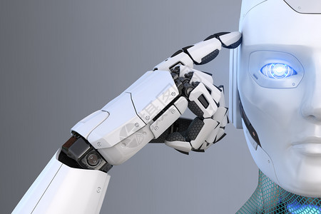 机器人握着一个手指靠近头部3D插图机器人握着一根手指靠近头部图片