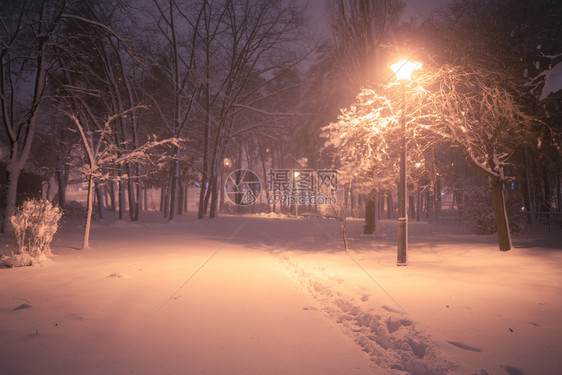 夜间冬季雪瀑布城市的小巷明亮公园图片