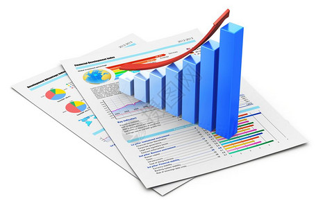 公司业务办事处财成功概念蓝色增长条形图用红箭对白背景孤立的彩色图表和财务数据图片