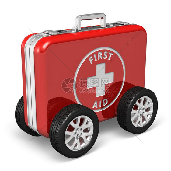 医疗援助概念红色的急救包车轮在白色背景上隔离图片