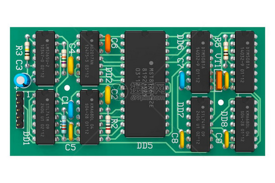 以白色背景隔离的微芯片数字电路板图片