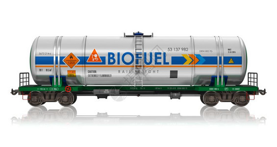 创意抽象燃料石油和天然气工业生态保护技术物流货运和铁路输业务概念工火车厢以白色背景孤立的生物燃料并产反射效果图片