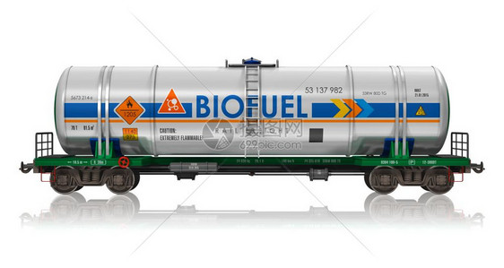 创意抽象燃料石油和天然气工业生态保护技术物流货运和铁路输业务概念工火车厢以白色背景孤立的生物燃料并产反射效果图片
