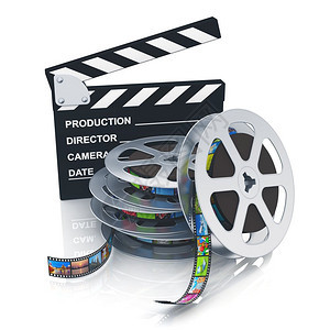 电影和视频媒体行业概念装有电影片的金属胶板和堆叠的金属胶片以白色背景隔离的彩图片并产生反射效果图片