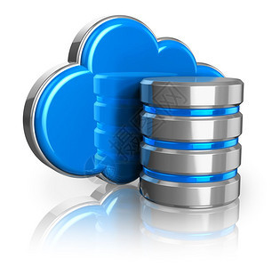 云计算和远程数据存储概念蓝色彩云和硬盘图标在白色背景上隔离产生反射效果图片
