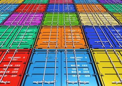 创意抽象货运装和物流商业行概念来自彩色金属货集装箱团的背景图片
