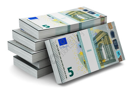 富有创意的抽象银行货币创造和商业成功金融概念大量新的5欧元钞票堆积白种背景孤立的钞票图片