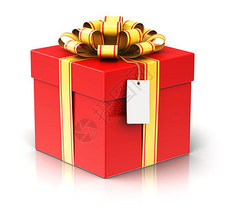 创意抽象的圣诞或圣诞节新年或生日传统庆祝概念3D展示红色礼物或装有闪亮彩色金属丝带弓和贴在白色背景上孤立的标签盒子并产生反射效果图片
