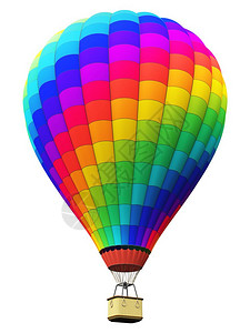 创意抽象的多彩旅行游航空运输和自由概念3D展示彩热气球和白背景孤立的Gondola篮子的彩色虹热气球图片