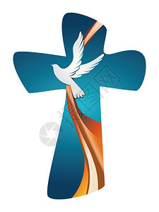 圣灵象征符号十字与蓝色背景的鸽子图片