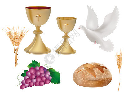 孤立的符号带有葡萄酒鸽子面包小麦耳朵的黄金圣杯图片