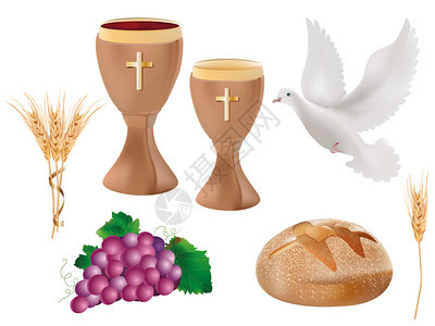 孤立的符号带葡萄酒鸽子面包小麦耳朵的木杯图片