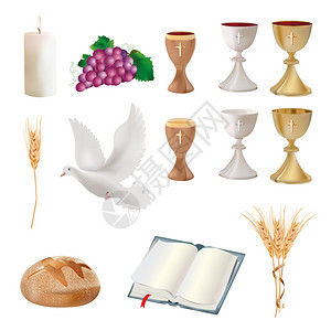 设置孤立的符号圣杯葡萄面包圣经鸽子蜡烛小麦耳朵图片