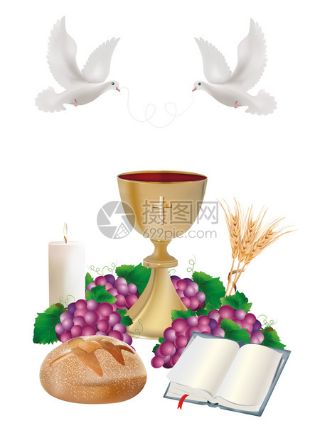 带有金杯面包圣经葡萄蜡烛鸽子小麦耳朵的孤立符号图片