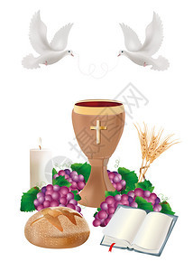带有木头圣杯面包经葡萄蜡烛鸽子小麦耳朵的孤立符号图片