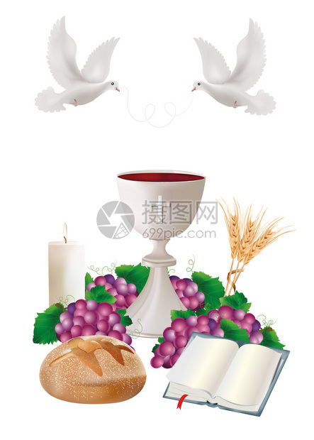 带有白圣杯面包经葡萄蜡烛鸽子小麦耳朵的孤立符号图片