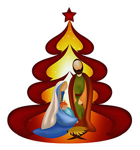 圣诞树传生场景与圣家JosephJesusMary红背景图片