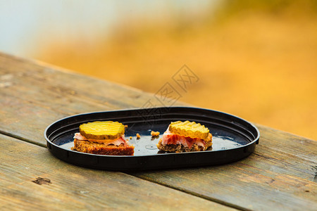 暑假野餐两块面包和火腿泡菜黄瓜放在木制桌子上放在木制桌子上图片