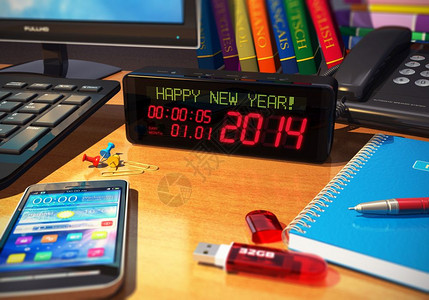 2014新年创意抽象摘要开始庆祝商业概念数字闹钟与新年快乐的宏观视野木制桌上的信息以及其他具有选择焦点效果的办公物体图片