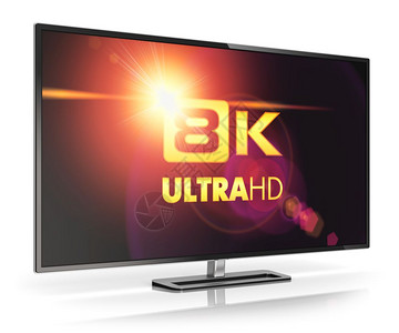 数字电视屏幕技术概念3D为8KUltraHD解析电视影或计算机PC显示器的插图在白色背景上孤立显示产生反射效果图片