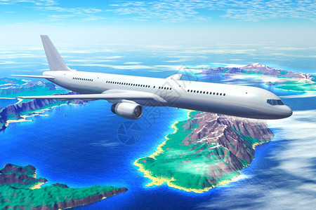 与度假岛一起飞越海洋的风景客机飞行图片