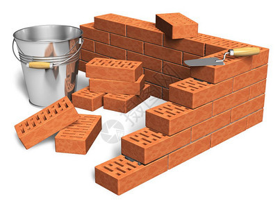 建筑工业概念白底孤立的红砖墙碎片堆粗木和金属桶图片