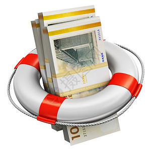 创新的抽象银行会计融资投风险金融成功发展和增长概念3D将10丹麦克朗纸钞捆绑在可充气的环救生带或白色背景孤立的浮标上作为例证图片
