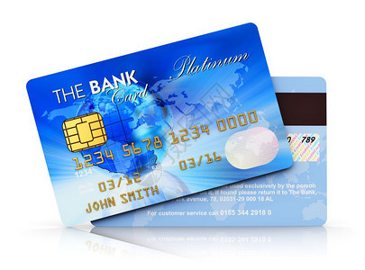 电子银行和有鳍商业概念电子银行和有鳍商业概念一套蓝色塑料信用卡在白色背景上孤立产生反射效果图片