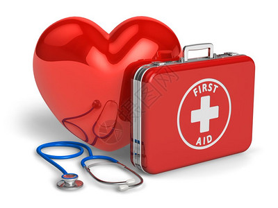 医疗援助和心脏病学概念红心急救包个案和白底隔离的听诊器图片