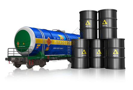 石油和天然气工业概念金属油桶和铁路罐车组白色反射背景图片