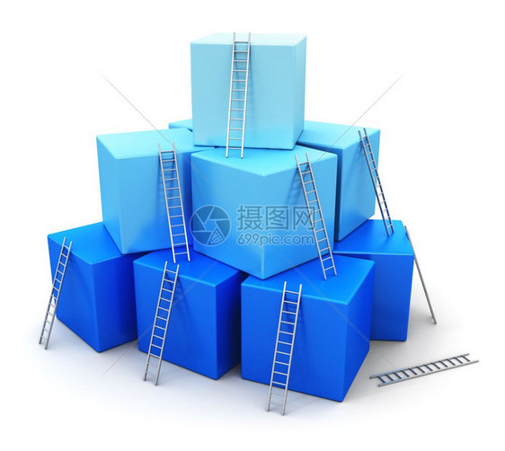 创意式抽象商业进步发展成功领导和竞争概念蓝色立方体组合梯子孤立在白色背景上图片