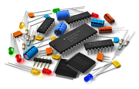各种电子部件组微处理器逻辑数字微芯片晶体管电容器抗体白底隔绝的LED等图片