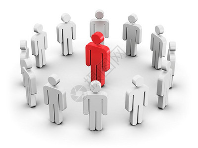 创意抽象领导团队精神个和社交媒体网络商务互联概念单一红色3D人口在白种背景隔离的圆圈内安排白人男子数字群中图片