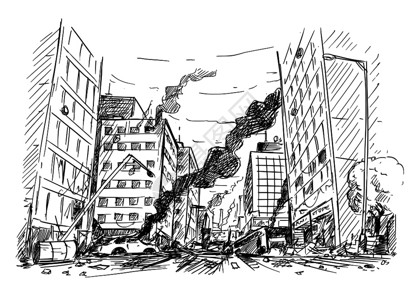 战争雕塑被战争暴乱或灾难摧毁的现代城市街道插画