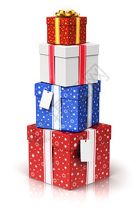 创意抽象的圣诞节或圣诞节新年或生日传统庆祝概念3D表示堆叠积或红色和蓝的礼品或一组彩红和蓝礼品或用闪亮的彩色金属丝带弓和贴有白色背景图片