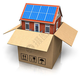 装在纸箱内太阳能电池的房屋图片