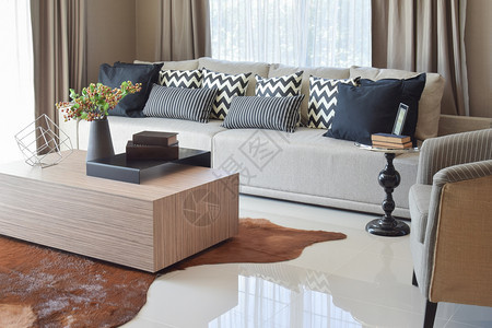 在舒适的沙发上用灰色带条纹枕头设计时式的客厅设计图片