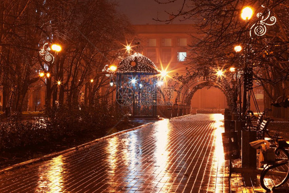 雨中城市公园空夜巷的景象图片