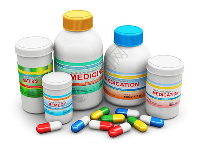 创意抽象保健医药和店业商概念3D说明保健医疗用品组装有药用彩色丸的塑料瓶和罐子白底隔离的彩色药片和有反射效果的彩色药片图片